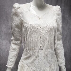 Vintage Lilia Smitty Exclusive 80s Prairie Western Lace White Dress, ~29” waist